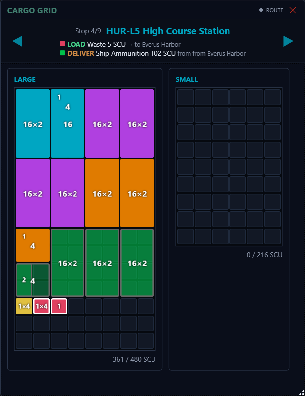 SC DataHub Cargo Grid — visual cargo bay layout with colour-coded commodities and stop-by-stop instructions