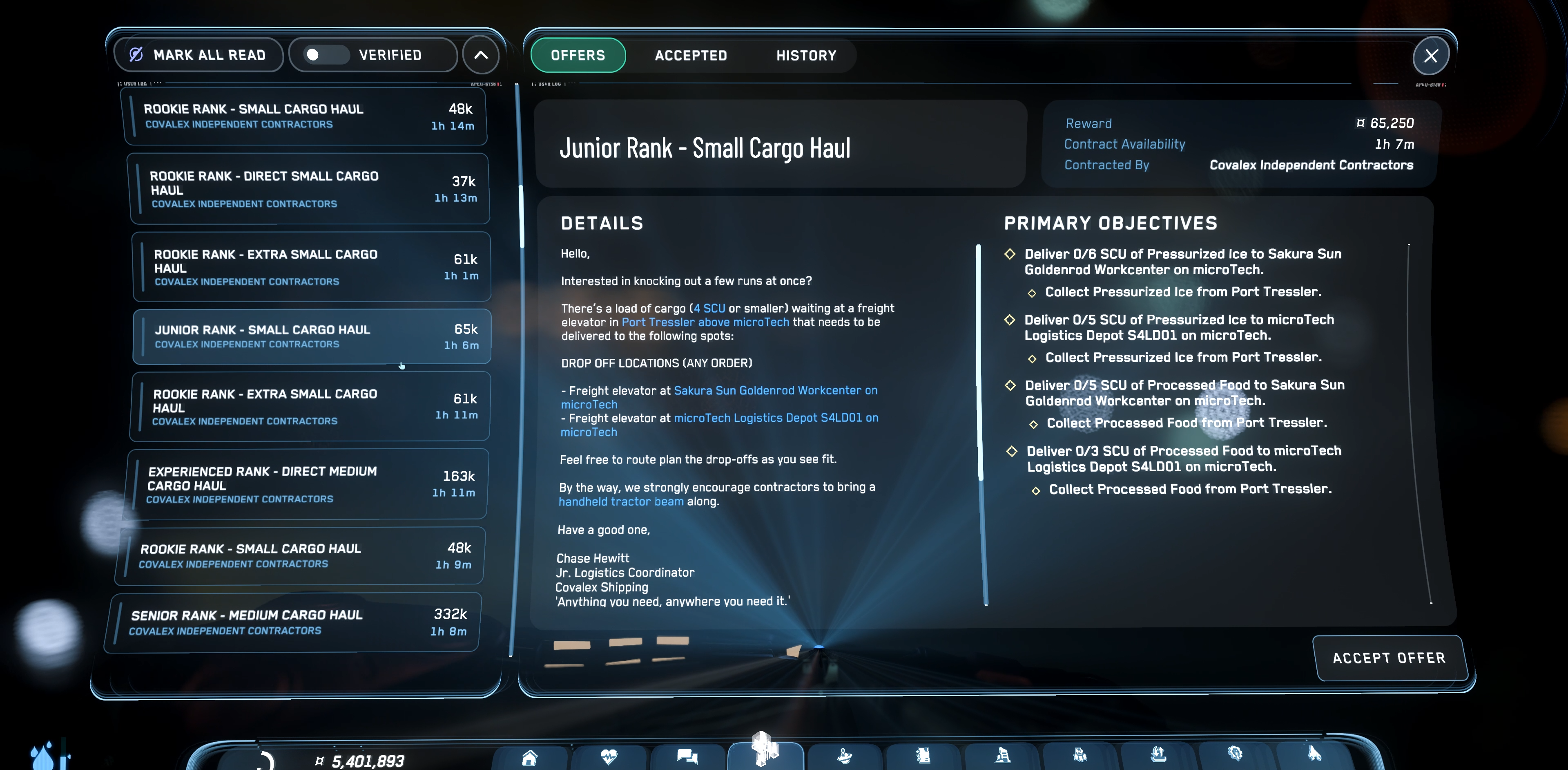 A small cargo contract on the MobiGlas with primary objectives visible