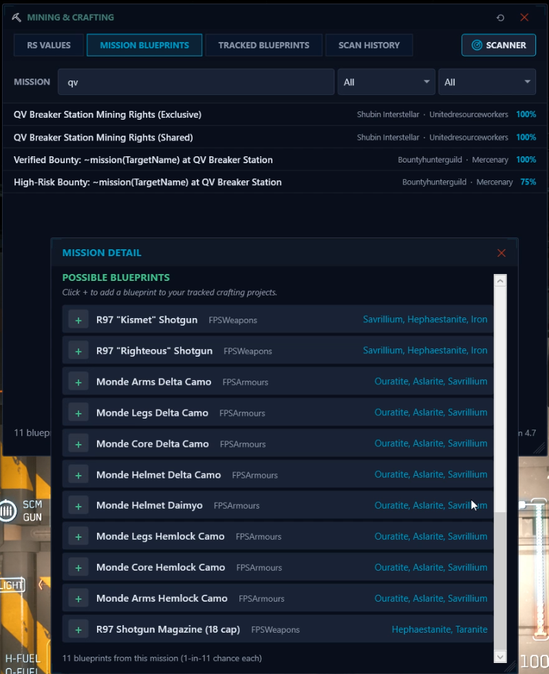 Mission detail popout listing possible blueprint drops with required materials